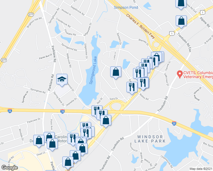 map of restaurants, bars, coffee shops, grocery stores, and more near 1839 Horseshoe Drive in Columbia