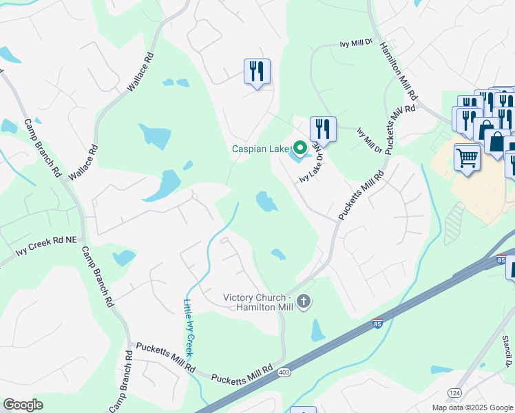 map of restaurants, bars, coffee shops, grocery stores, and more near 3104 Pucketts Mill Road in Buford
