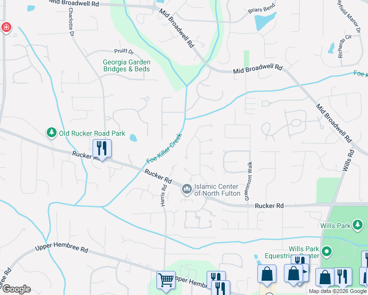 map of restaurants, bars, coffee shops, grocery stores, and more near 1440 Shade Tree Way in Alpharetta