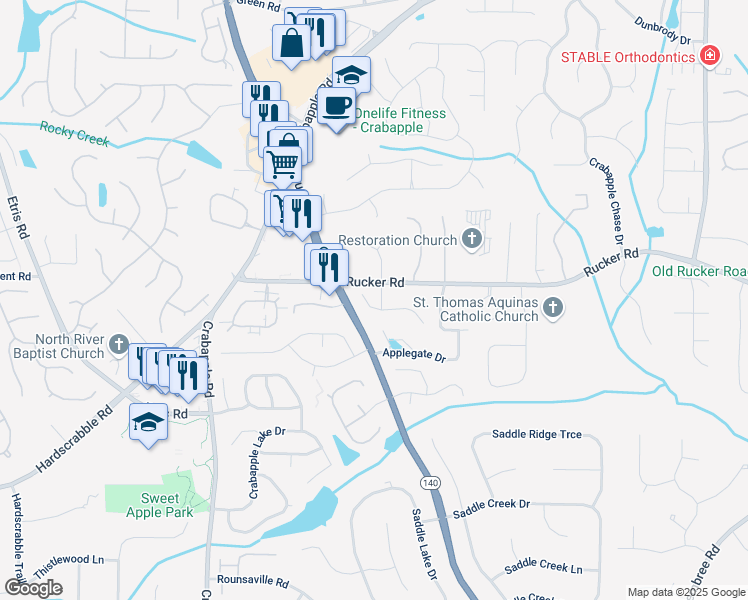 map of restaurants, bars, coffee shops, grocery stores, and more near 550 Mae Lane in Alpharetta