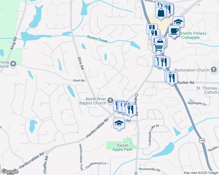 map of restaurants, bars, coffee shops, grocery stores, and more near 230 Hardscrabble Road in Roswell