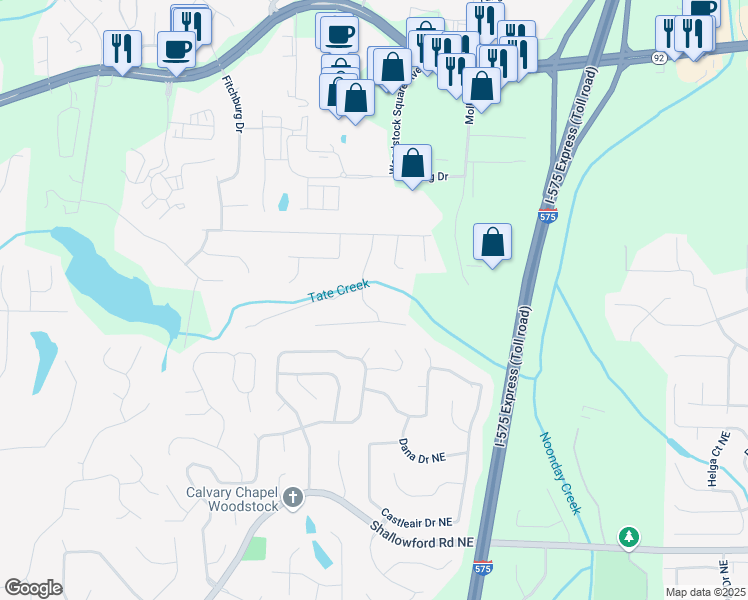map of restaurants, bars, coffee shops, grocery stores, and more near 1819 Yorkshire Drive in Woodstock