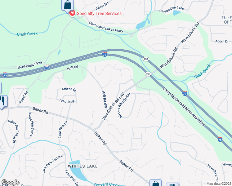 map of restaurants, bars, coffee shops, grocery stores, and more near 4975 Rockstone Way in Acworth