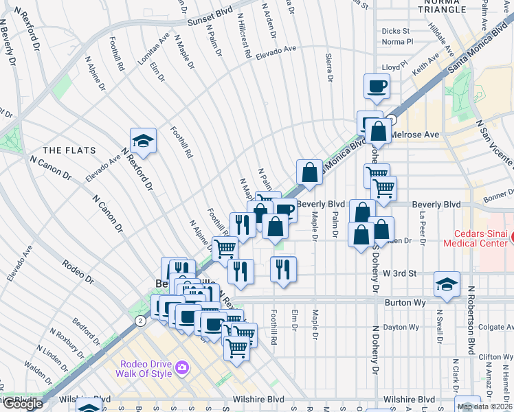 map of restaurants, bars, coffee shops, grocery stores, and more near North Maple Drive in Beverly Hills