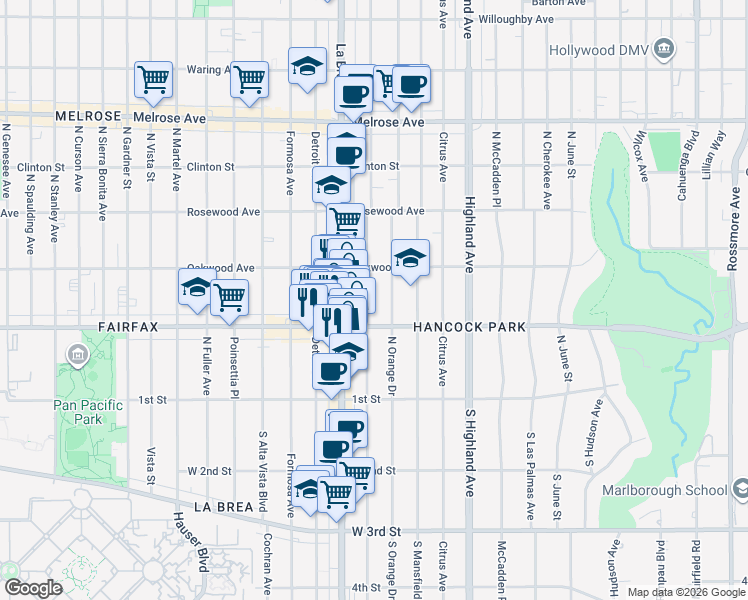 map of restaurants, bars, coffee shops, grocery stores, and more near 320 North Sycamore Avenue in Los Angeles