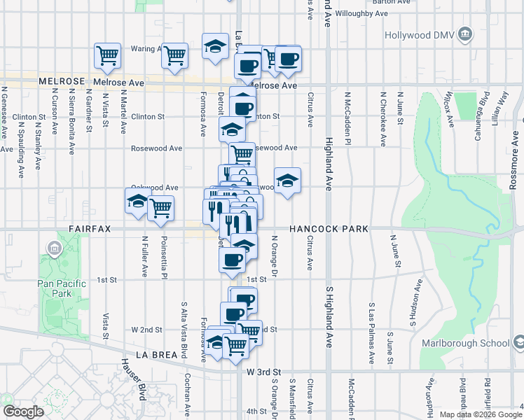 map of restaurants, bars, coffee shops, grocery stores, and more near 328 North Sycamore Avenue in Los Angeles