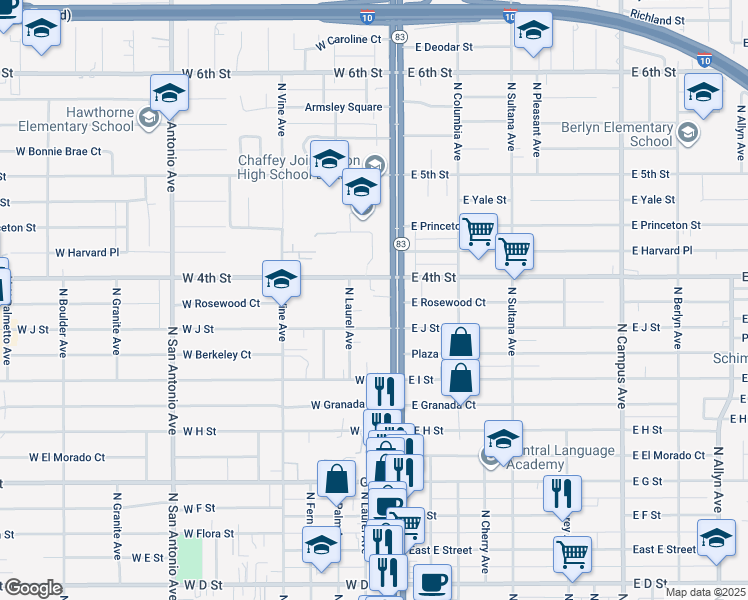 map of restaurants, bars, coffee shops, grocery stores, and more near 1031 North Euclid Avenue in Ontario