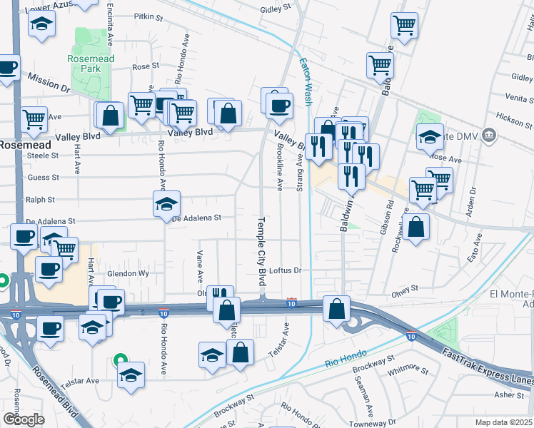map of restaurants, bars, coffee shops, grocery stores, and more near 3742 Temple City Boulevard in Rosemead
