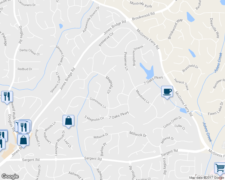 map of restaurants, bars, coffee shops, grocery stores, and more near 12195 Magnolia Circle in Alpharetta