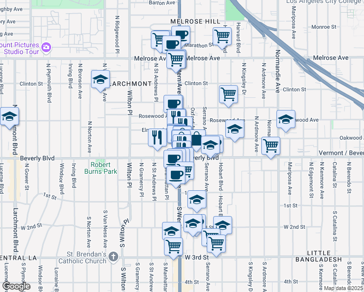map of restaurants, bars, coffee shops, grocery stores, and more near 4706 Oakwood Avenue in Los Angeles