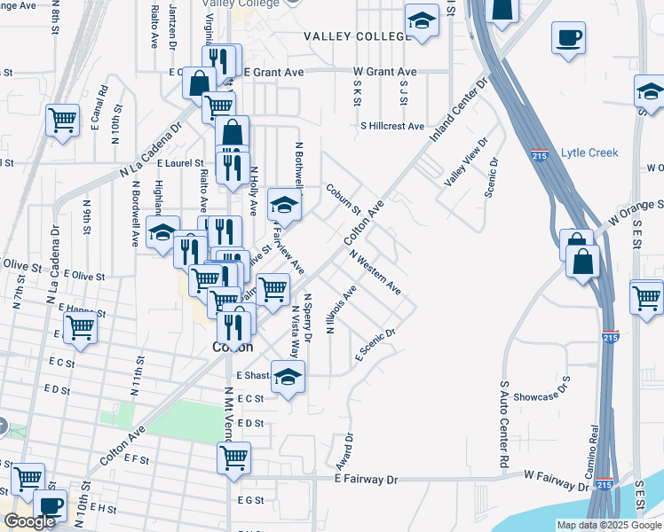 map of restaurants, bars, coffee shops, grocery stores, and more near 1192 Colton Avenue in Colton