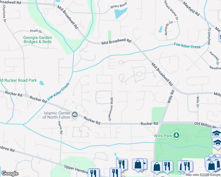 map of restaurants, bars, coffee shops, grocery stores, and more near 390 Greenmont Circle in Alpharetta