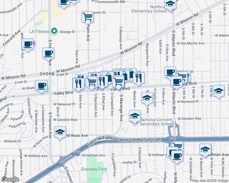 map of restaurants, bars, coffee shops, grocery stores, and more near 1414 South Campbell Avenue in Alhambra
