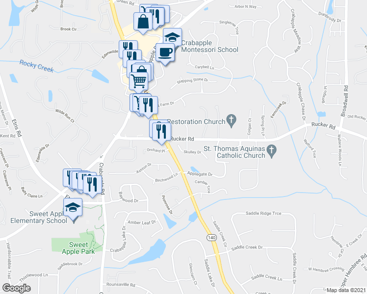 map of restaurants, bars, coffee shops, grocery stores, and more near 550 Mae Ln in Alpharetta