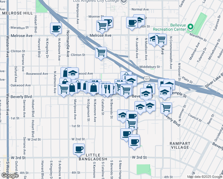 map of restaurants, bars, coffee shops, grocery stores, and more near 324 North Berendo Street in Los Angeles