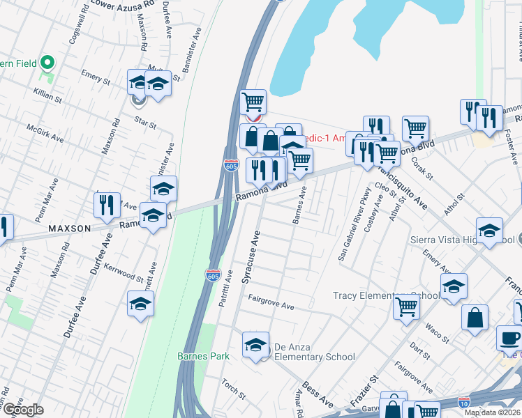 map of restaurants, bars, coffee shops, grocery stores, and more near 3617 Syracuse Avenue in Baldwin Park