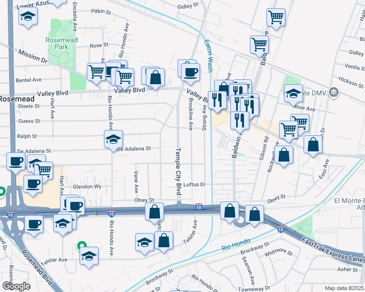 map of restaurants, bars, coffee shops, grocery stores, and more near 3742 Temple City Boulevard in Rosemead