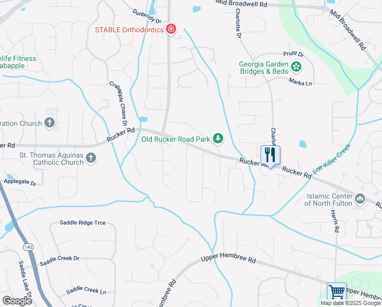 map of restaurants, bars, coffee shops, grocery stores, and more near 12135 North Hickory Trace in Alpharetta