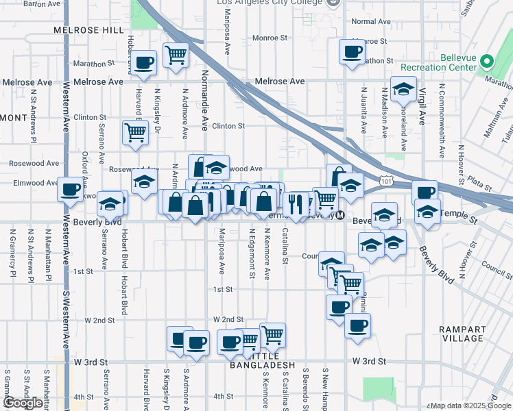 map of restaurants, bars, coffee shops, grocery stores, and more near 327 North Kenmore Avenue in Los Angeles