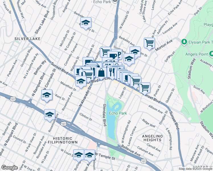 map of restaurants, bars, coffee shops, grocery stores, and more near 1915 Park Avenue in Los Angeles