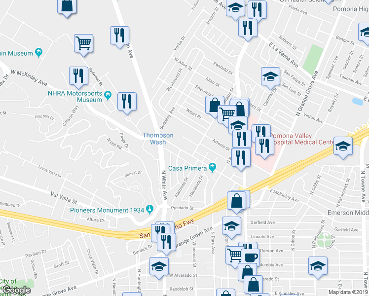 map of restaurants, bars, coffee shops, grocery stores, and more near 431 West McKinley Avenue in Pomona