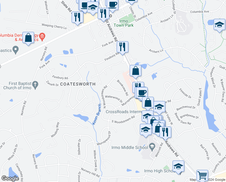 map of restaurants, bars, coffee shops, grocery stores, and more near 1404 Waterbrook Drive in Columbia