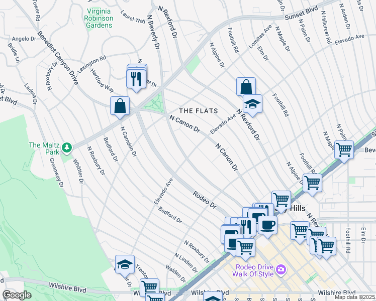 map of restaurants, bars, coffee shops, grocery stores, and more near 702 North Beverly Drive in Beverly Hills