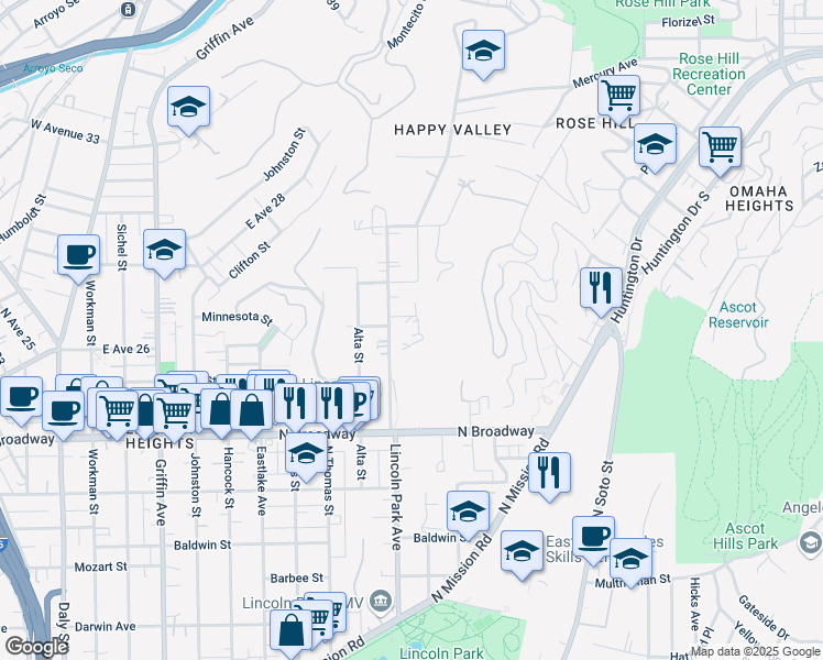 map of restaurants, bars, coffee shops, grocery stores, and more near 2617 Sierra Street in Los Angeles