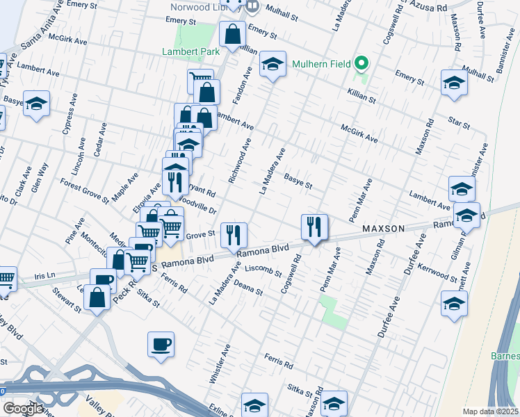 map of restaurants, bars, coffee shops, grocery stores, and more near 4104 La Madera Avenue in El Monte