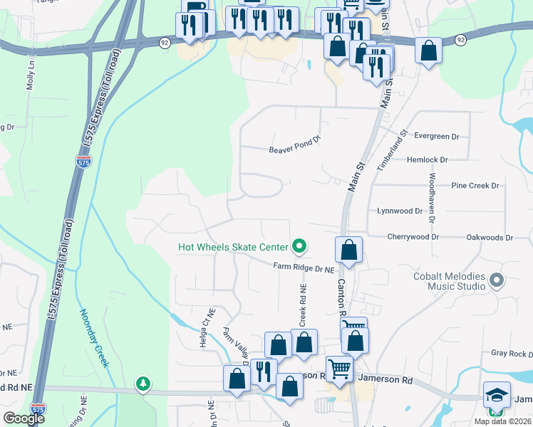 map of restaurants, bars, coffee shops, grocery stores, and more near 122 Ridgewood Drive in Woodstock