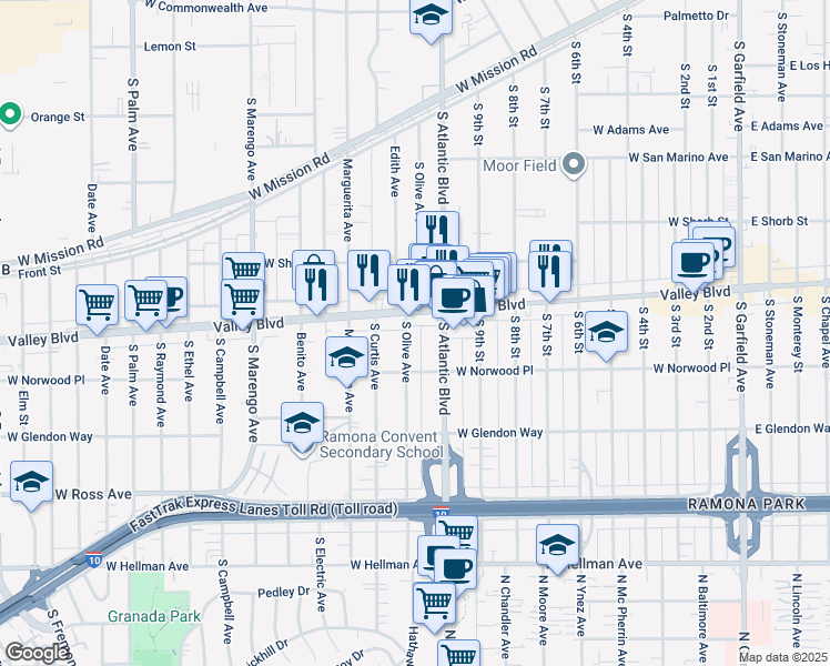 map of restaurants, bars, coffee shops, grocery stores, and more near 1412 South Olive Avenue in Alhambra