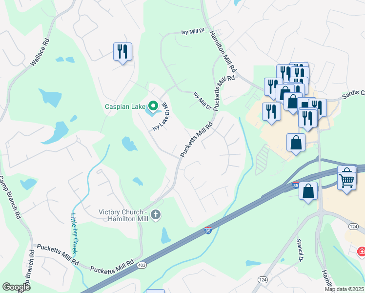 map of restaurants, bars, coffee shops, grocery stores, and more near 3185 Pucketts Mill Road in Buford