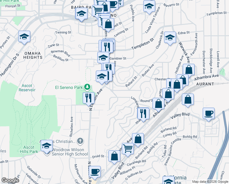 map of restaurants, bars, coffee shops, grocery stores, and more near 2706 Budau Avenue in Los Angeles