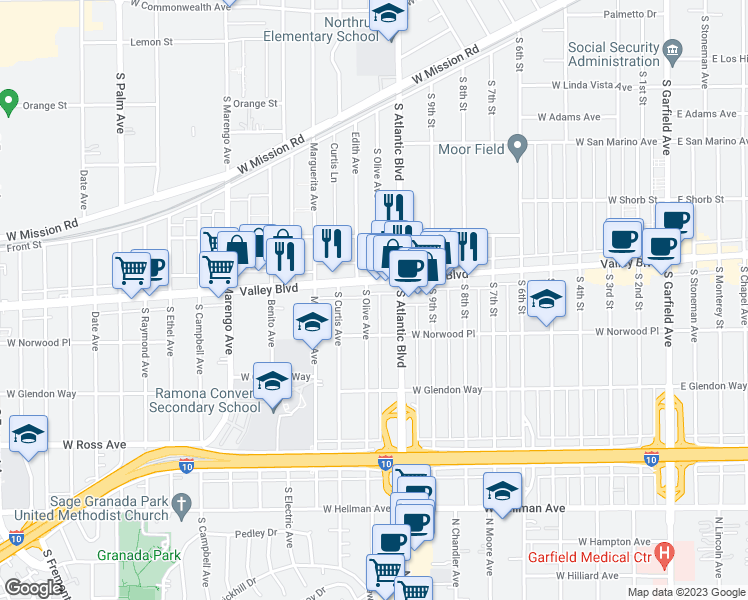 map of restaurants, bars, coffee shops, grocery stores, and more near 1412 South Olive Avenue in Alhambra