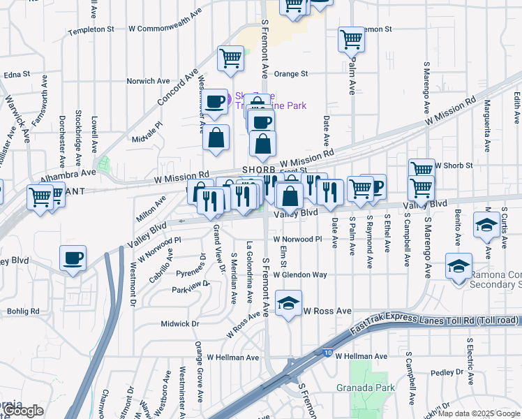 map of restaurants, bars, coffee shops, grocery stores, and more near 2601 West Valley Boulevard in Alhambra