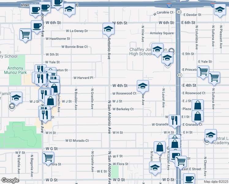 map of restaurants, bars, coffee shops, grocery stores, and more near 652 West Rosewood Court in Ontario