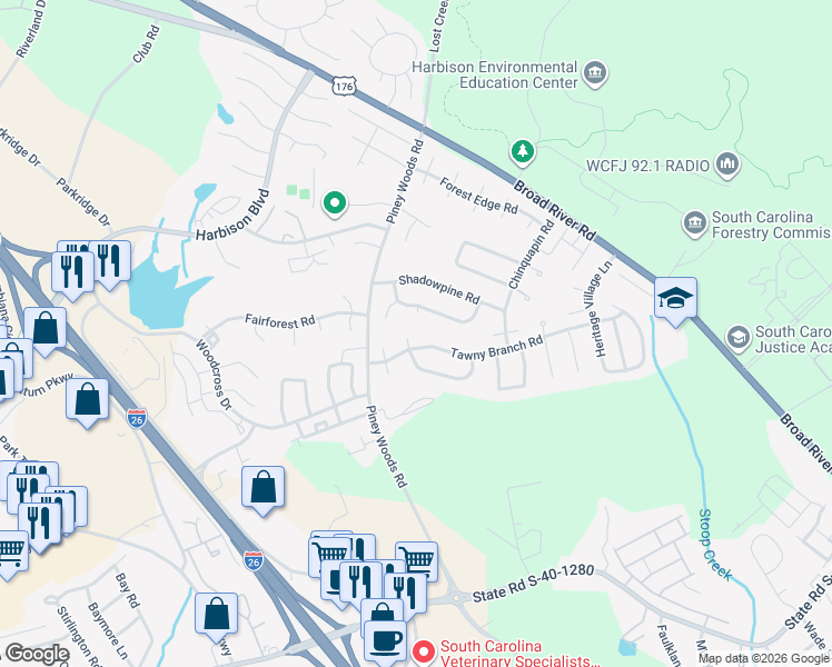 map of restaurants, bars, coffee shops, grocery stores, and more near 105 Tawny Branch Road in Columbia