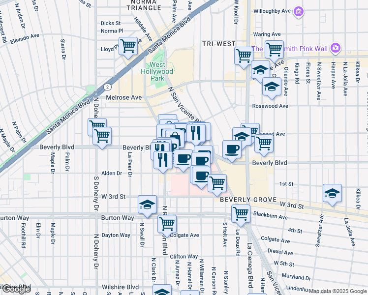 map of restaurants, bars, coffee shops, grocery stores, and more near 8747 Beverly Boulevard in West Hollywood