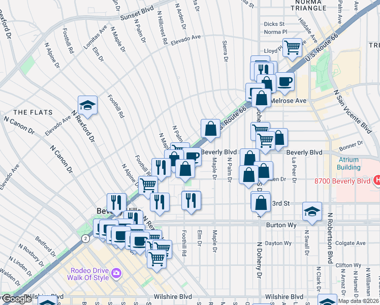 map of restaurants, bars, coffee shops, grocery stores, and more near Santa Monica Blvd & Beverly Blvd in Beverly Hills