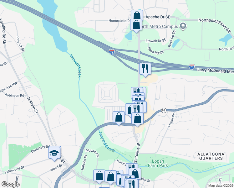 map of restaurants, bars, coffee shops, grocery stores, and more near 4698 Liberty Square Drive in Acworth