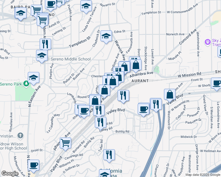 map of restaurants, bars, coffee shops, grocery stores, and more near 5391 Alhambra Avenue in Los Angeles