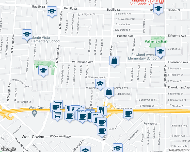 map of restaurants, bars, coffee shops, grocery stores, and more near 1101 W Greendale St in West Covina