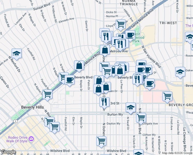 map of restaurants, bars, coffee shops, grocery stores, and more near in Beverly Hills