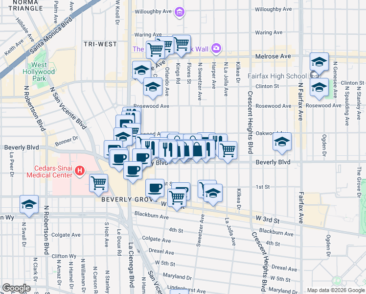 map of restaurants, bars, coffee shops, grocery stores, and more near Kings Road in West Hollywood