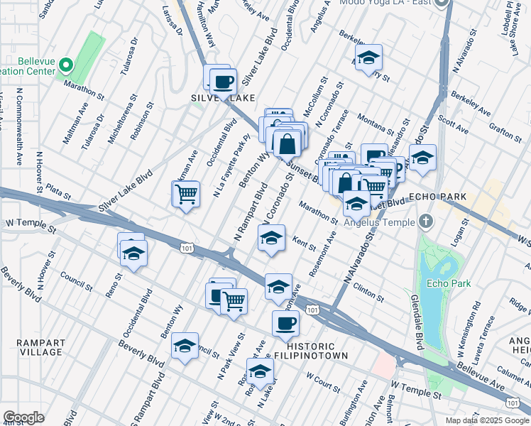map of restaurants, bars, coffee shops, grocery stores, and more near 811 North Coronado Street in Los Angeles