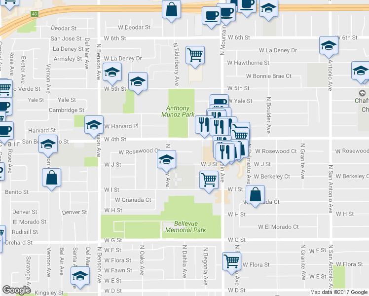 map of restaurants, bars, coffee shops, grocery stores, and more near 1228 West Rosewood Court in Ontario