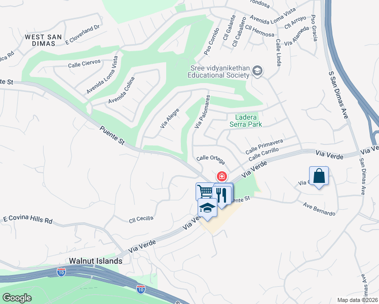 map of restaurants, bars, coffee shops, grocery stores, and more near 1143 Calle Ortega in San Dimas