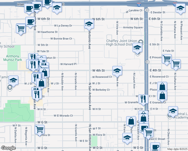 map of restaurants, bars, coffee shops, grocery stores, and more near 652 West Rosewood Court in Ontario