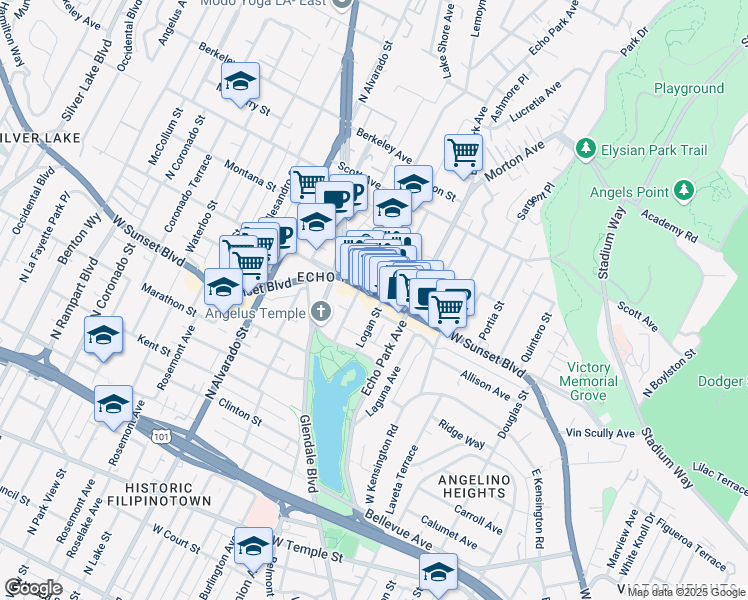 map of restaurants, bars, coffee shops, grocery stores, and more near 1706 Sunset Boulevard in Los Angeles