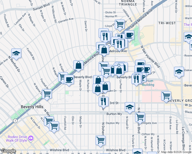 map of restaurants, bars, coffee shops, grocery stores, and more near Beverly Blvd & N Oakhurst Dr in Beverly Hills